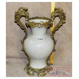 Pottery Vase w/ Fancy Cast Brass Handles & Trim.