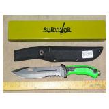 New Survivor Knife w/ Green Handle & Sheath.