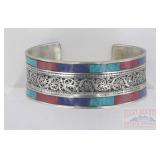 German Silver Cuff Bracelet w/ Inlaid Stones.