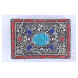 German Silver, Coral, Turquoise & Lapis Buckle.