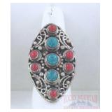 German Silver, Turquoise & Coral Dress Ring, 9.