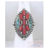 Vintage Style Coral & Turquoise Ring, Size 8.