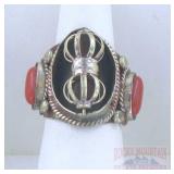 German Silver & Coral Ring - Adjustable.