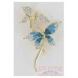 Aquamarine and Clear Rhinestone Butterfly Brooch