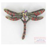 Vintage Style Red Rhinestone Dragonfly Brooch.