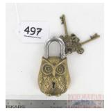 Large Heavy Cast Brass Owl Garden Gate Padlock.