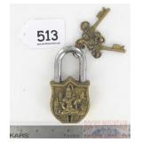 Large Heavy Cast Brass Figural Garden Gate Padlock