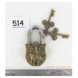 Large Heavy Cast Brass Figural Garden Gate Padlock