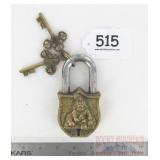 Large Heavy Cast Brass Figural Garden Gate Padlock