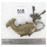 Large Heavy Cast Brass Fish Garden Gate Padlock.