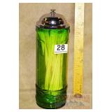 Vintage Style Green Glass Straw Jar.  11" high.