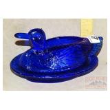 Cobalt Glass Duck on Nest.