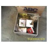 Gray Milk Crate w/ air filters and misc. parts