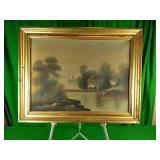 Oil painting depicting houses on the river Oil painting depicting houses on the river