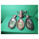 Siverplate Teapot, Cream & Sugar Dishes, Platters Siverplate Teapot, Cream & Sugar Dishes, Platters