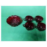 Fenton Red Glass Dish with 4 Red Cups Fenton Red Glass Dish with 4 Red Cups