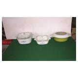 2- Corning Ware & 1- Pyrex Covered Dishes 2- Corning Ware & 1- Pyrex Covered Dishes