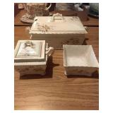 Gravy dish, sugar bowl, and bowl Gravy dish, sugar bowl, and bowl