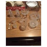2 glass candlestick holders, glass creamer and 2 glass candlestick holders, glass creamer and