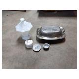 Metal server dish, miniature teacup and saucer, Metal server dish, miniature teacup and saucer,