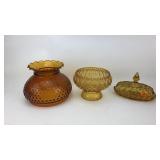 2- Colored Glass Lamp Shades & Butter Dish 2- Colored Glass Lamp Shades & Butter Dish