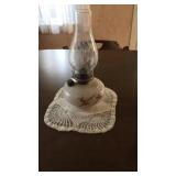 Milk Glass Oil Lamp, Doily Milk Glass Oil Lamp, Doily