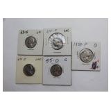 5 Jefferson Nickles-1955, 1939, 1953, 2:1964