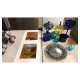 Box of collectibles & 2 Pictures