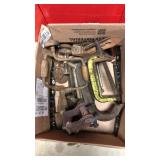 Box of old tools, clamps, plane, Braces