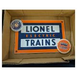 Lionel Metal Advertising Sign, 2 Lionel Pins