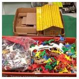 "Tin" Toy Frontier Cabin, Large Lot of Figures