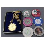 14K Gold Coin Necklace and Casino Chips