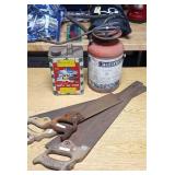 Old Spray Pump, Hand Saws, Old Sap Can