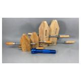 4 Wood Hand Clamps and Blue Mag Flashlight