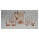 Pink Depression Glass Pitcher And 6 Glasses
