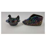 Iridescent Glass Hen On Nest & Baby Shoe
