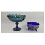 Iridescent Blue Pedestal Bowl & Footed Bowl