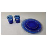 Cobalt Blue W/ Gold Color Rim Plate Set & Glasses
