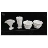 Milk Glass Hobnail Vases & Candle Holders