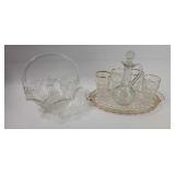 Clear Glass Basket, Serving Tray & Glasses Set