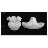Milk Glass Split Handle Basket & Hobnail Vase