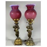 Hobnail Cranberry shades lamp Pair