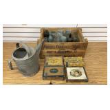 Wooden Crate, Watering Can, Jars & Cigar Boxes