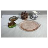 Pink Depr. Dish, Silver Plate Crumb Tray, S&P
