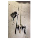 3 Fishing Poles and Fishing Net