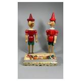 2 Wooden Pinocchios & Wooden Ornaments