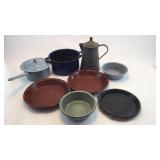 Lot Of Enamelware Tea Pot, Pie Pans,Etc.
