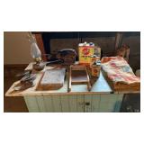 Table of Feed Bag, Lamp, Oil Cans, Washboards,