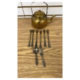 Brass Tea Pot and Early Flatware