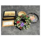 Metal Tray, Storage Tin w/ Wreath + Picture